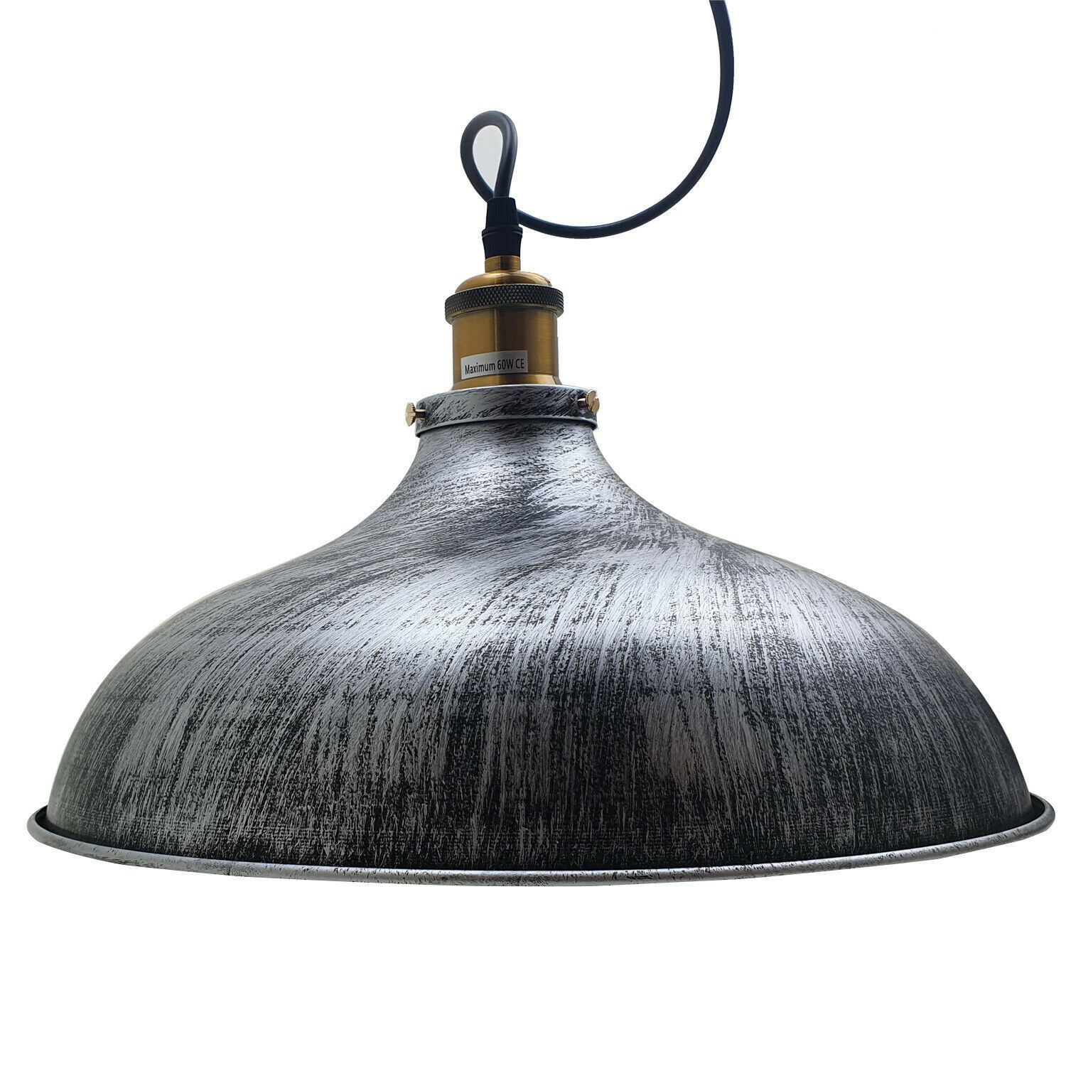 Brushed silver metal industrial hanging pendant light with adjustable cable, showcasing vintage design and metal shade.