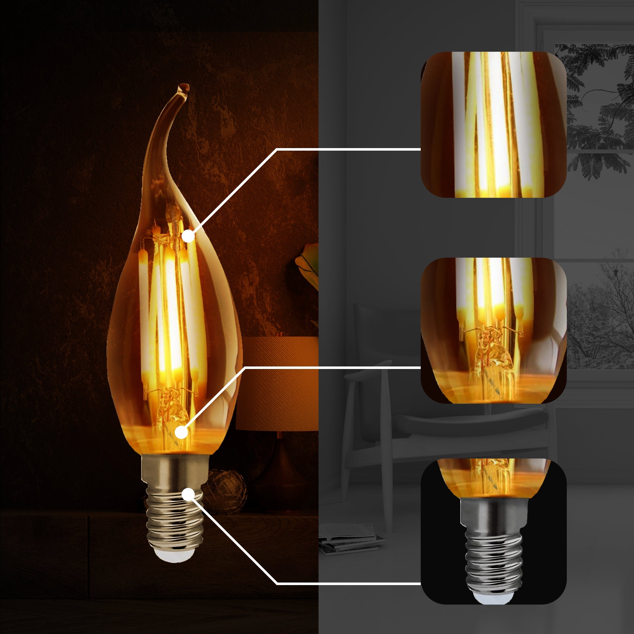 C35 E14 4W Vintage LED Bulb 5 Pack showcasing elegant design and warm white light, perfect for decorative lighting.