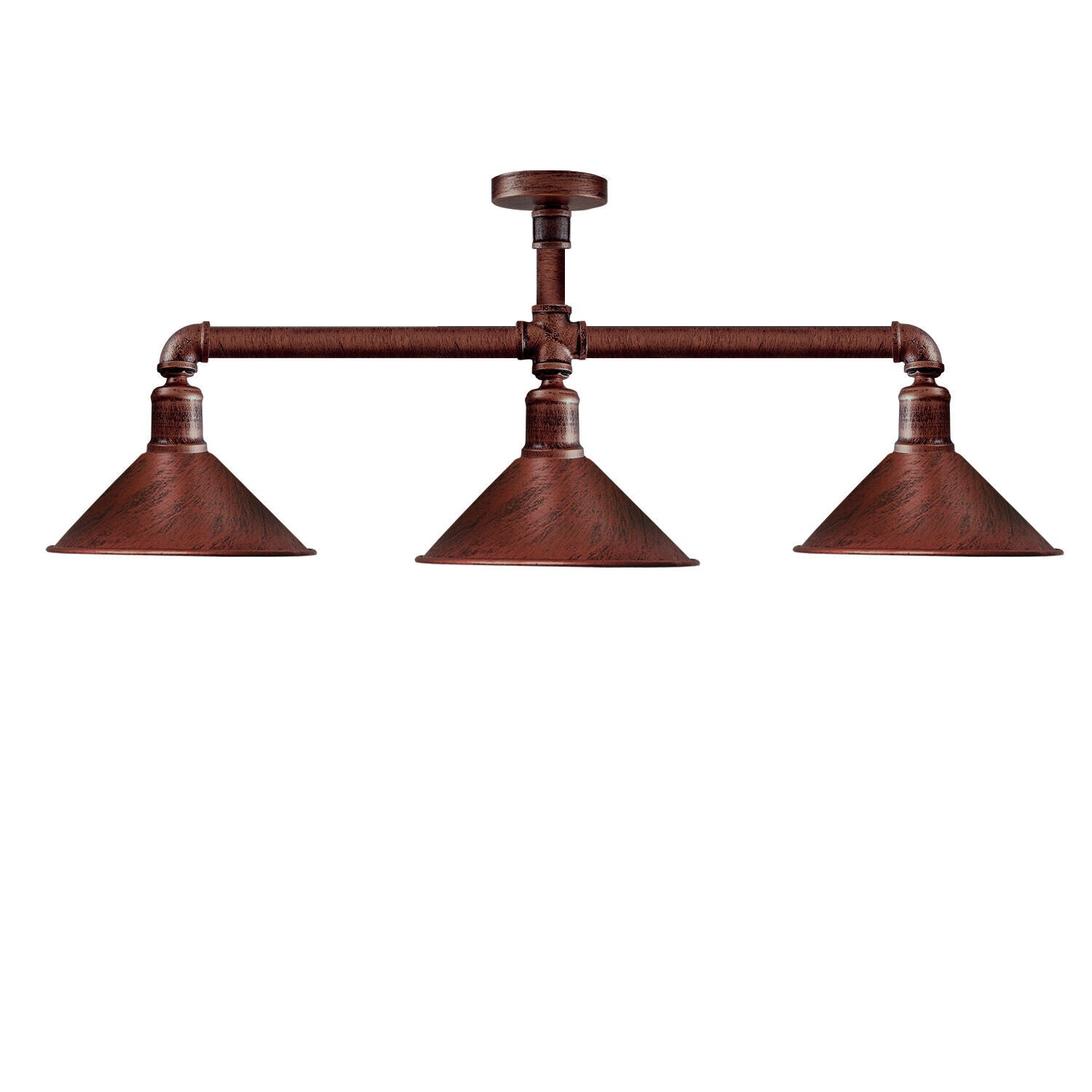 Rustic red pipe ceiling light fixture with three lamp holders, showcasing a vintage industrial design.