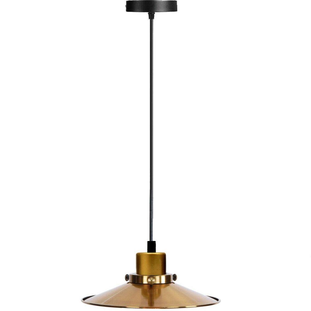 Modern gold flat lamp shade pendant light with black fabric wire, showcasing a sleek design suitable for contemporary interiors.