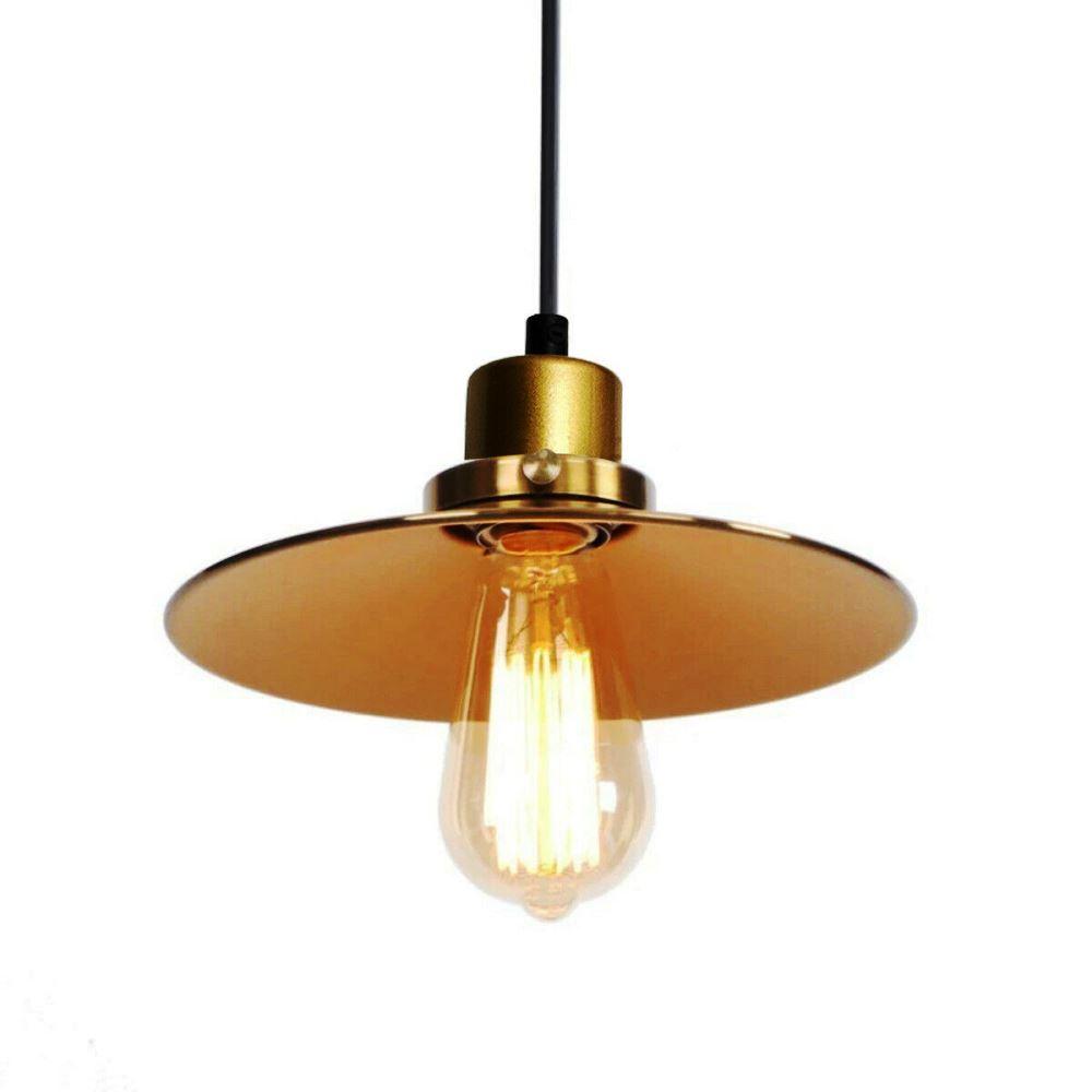 Modern gold flat lamp shade pendant light with black fabric wire, showcasing a sleek design suitable for contemporary interiors.