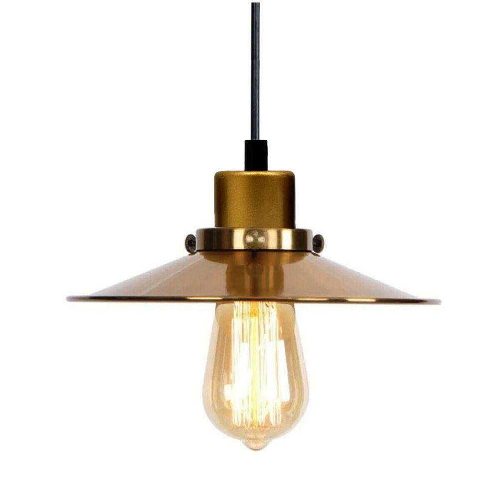 Modern gold flat lamp shade pendant light with black fabric wire, showcasing a sleek design suitable for contemporary interiors.