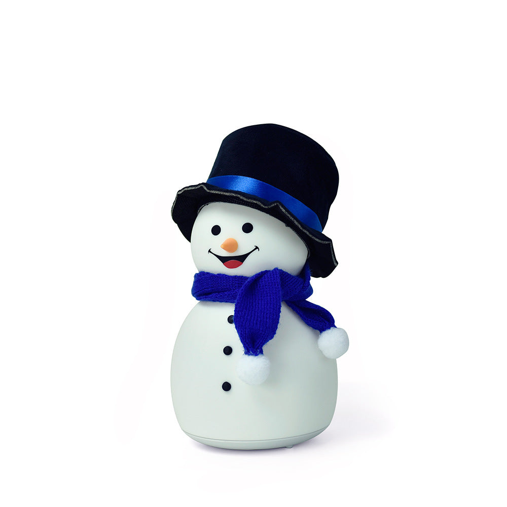 A cute Christmas snowman night light with colorful changing lights, made of soft silicone, perfect for children's rooms.