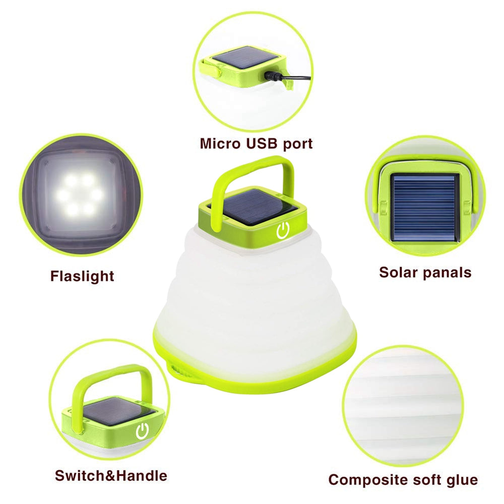 Collapsible Camping Light IP68 Waterproof Solar Foldable, showcasing its compact design and bright illumination features.