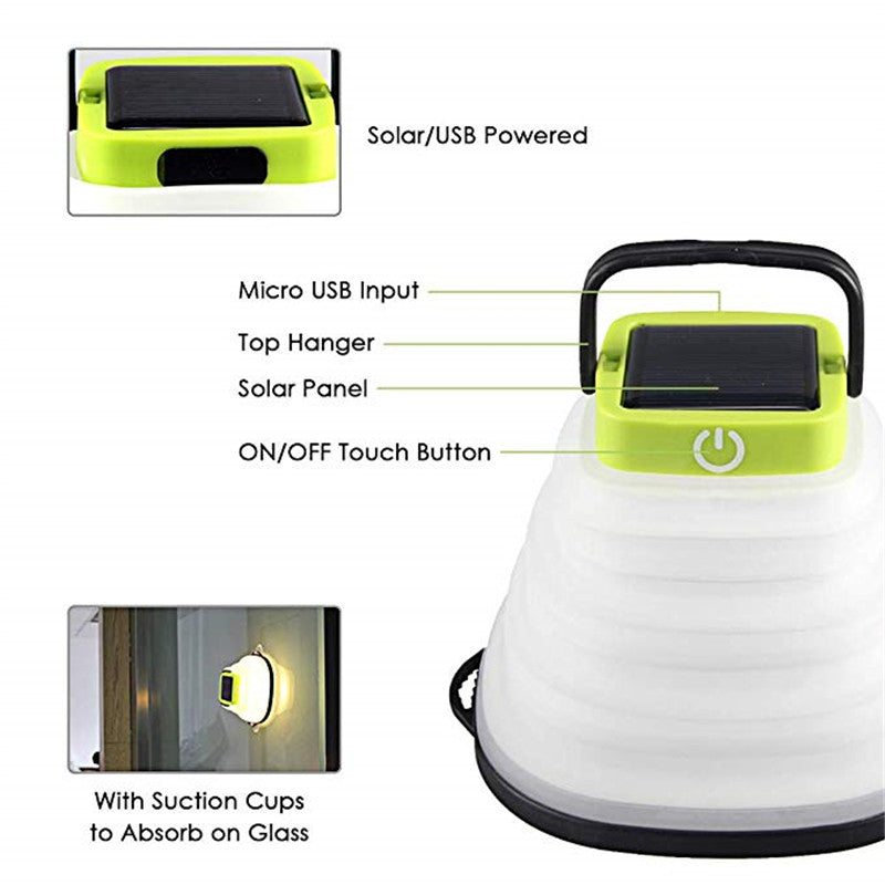 Collapsible Camping Light IP68 Waterproof Solar Foldable, showcasing its compact design and bright illumination features.