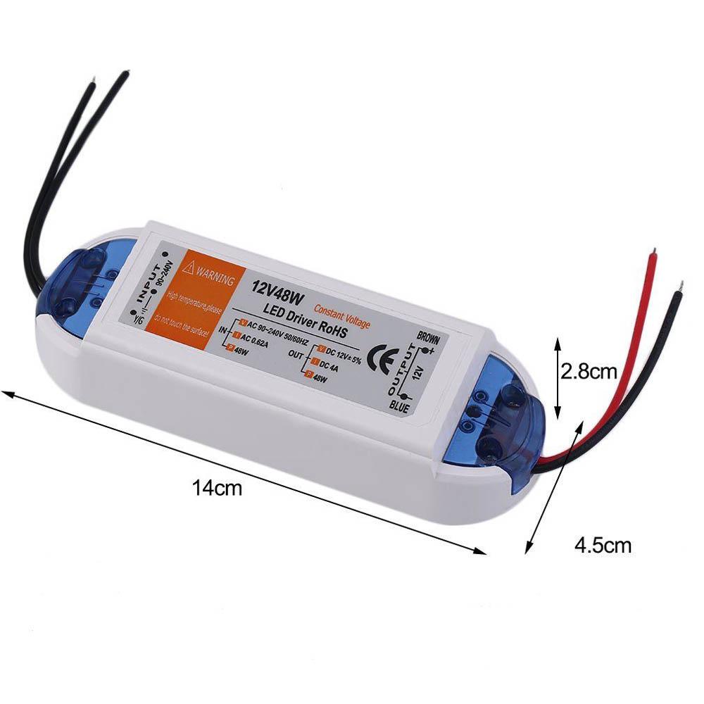 Constant Voltage LED Driver AC 90-240V to DC 12V 4A 48W Power Supply with specifications and features highlighted.