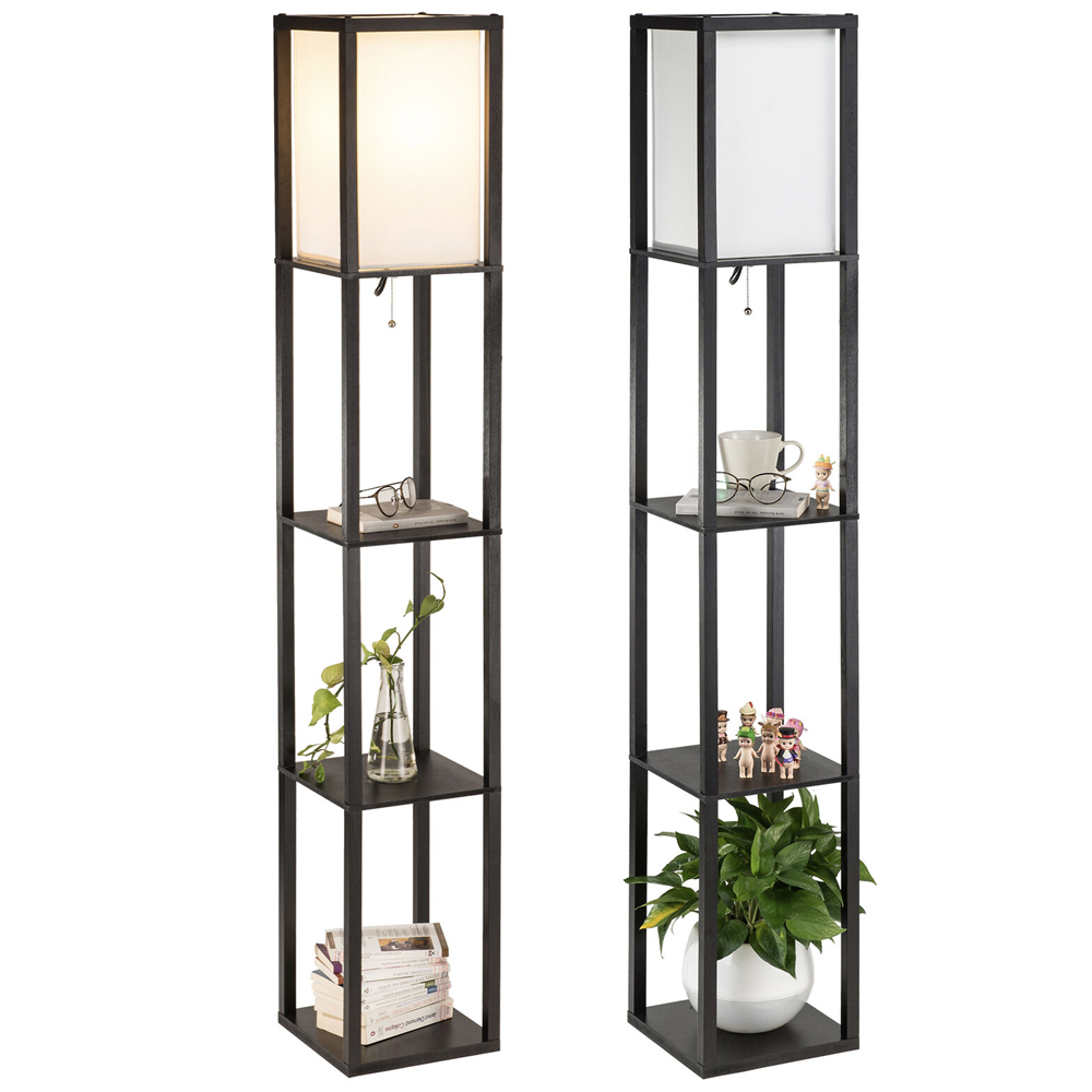 Contemporary standing lamp lighting set featuring two lamps with fabric shades and wood shelving, ideal for modern home decor.