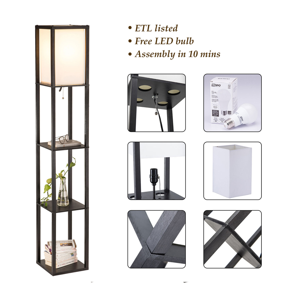 Contemporary standing lamp lighting set featuring two lamps with fabric shades and wood shelving, ideal for modern home decor.