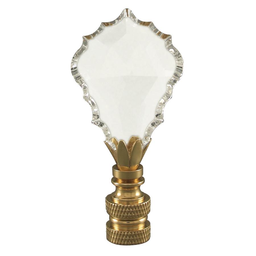 Crystal Gothic Cross Lamp Finial with polished brass knurled base, showcasing its elegant design and dimensions.