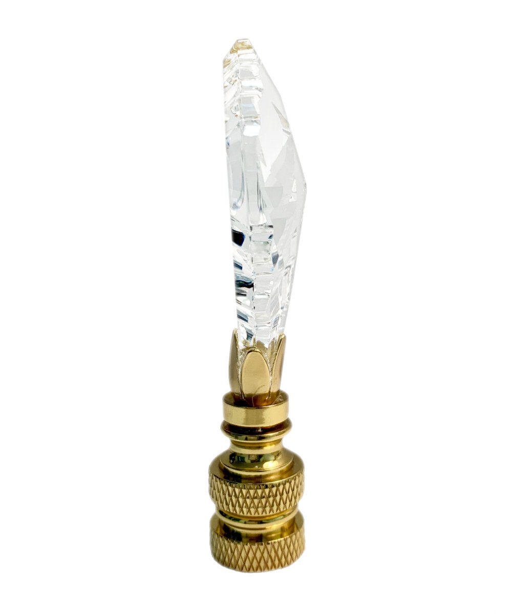 Crystal Gothic Cross Lamp Finial with polished brass knurled base, showcasing its elegant design and dimensions.