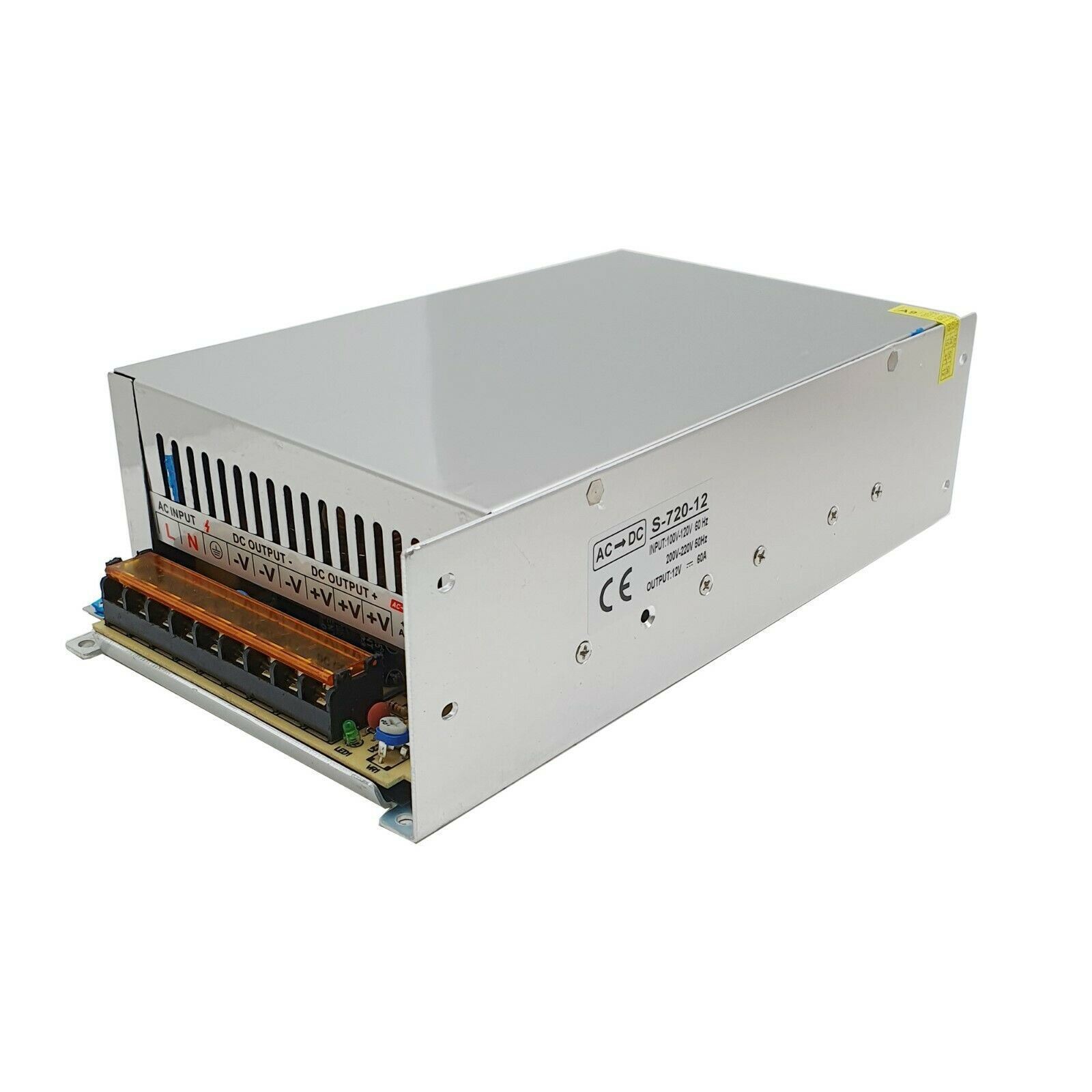 DC 12V 1 Amp - 60 Amp Switching Power Supply for LED strips and CCTV, featuring a durable metal casing and cooling fan.