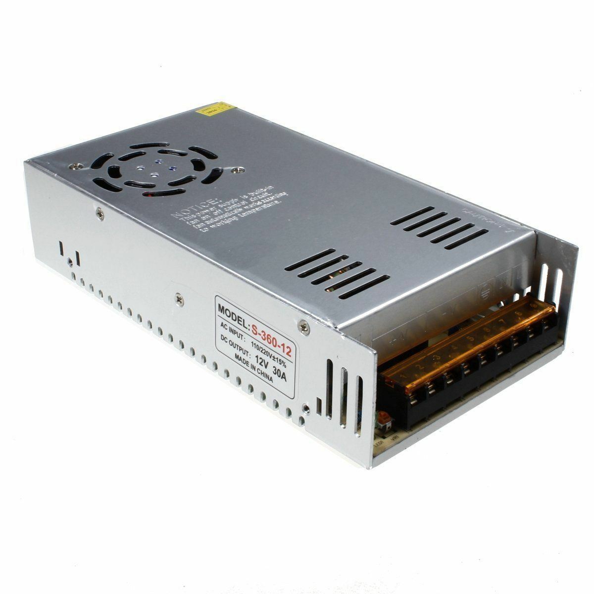 DC 12V 1 Amp - 60 Amp Switching Power Supply for LED strips and CCTV, featuring a durable metal casing and cooling fan.