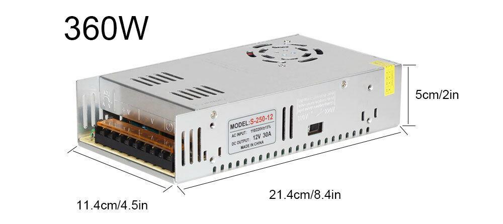 DC 12V 1 Amp - 60 Amp Switching Power Supply for LED strips and CCTV, featuring a durable metal casing and cooling fan.