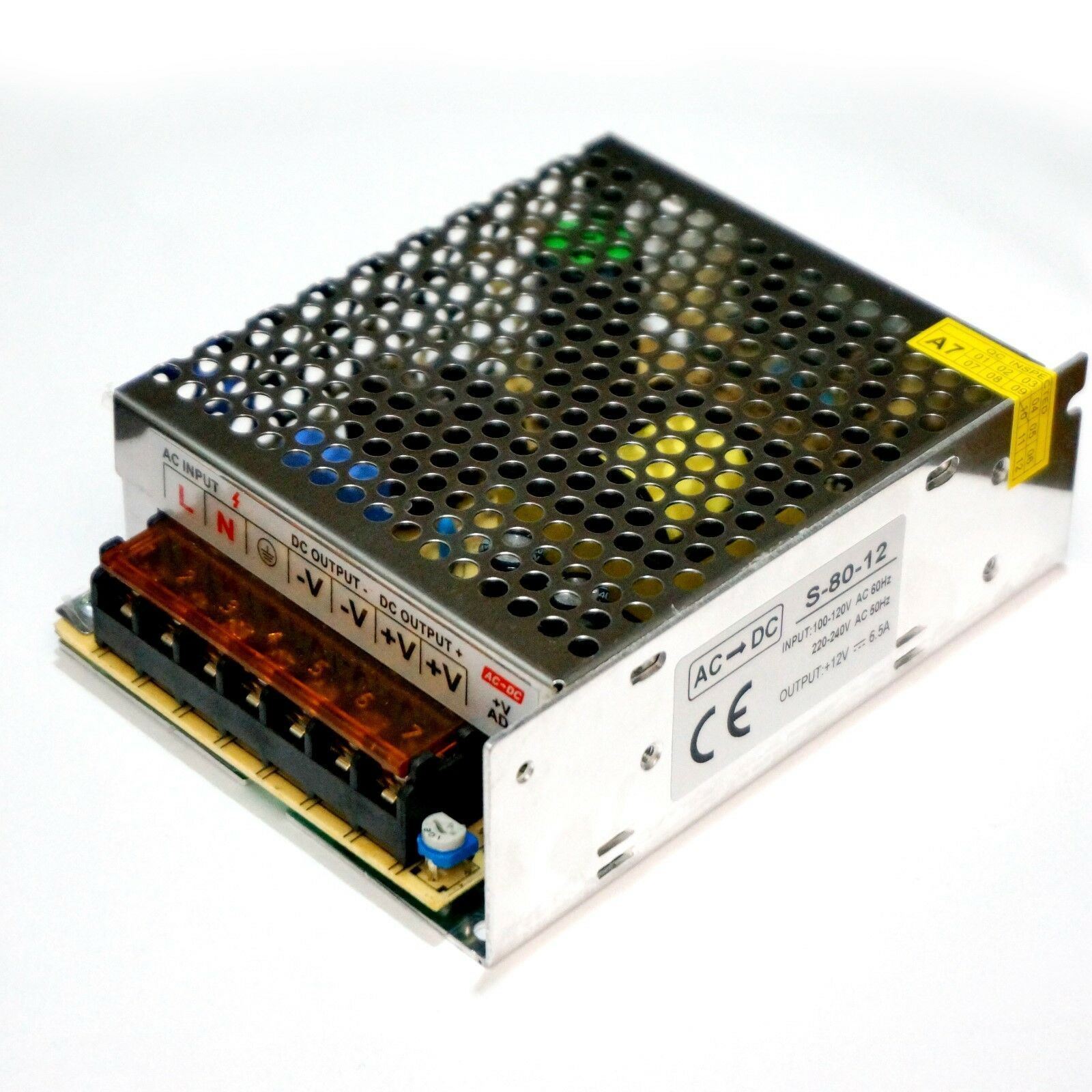 DC 12V 1 Amp - 60 Amp Switching Power Supply for LED strips and CCTV, featuring a durable metal casing and cooling fan.