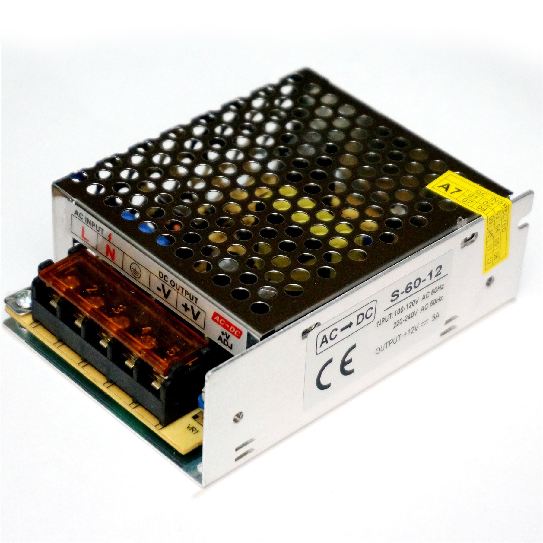 DC 12V 1 Amp - 60 Amp Switching Power Supply for LED strips and CCTV, featuring a durable metal casing and cooling fan.