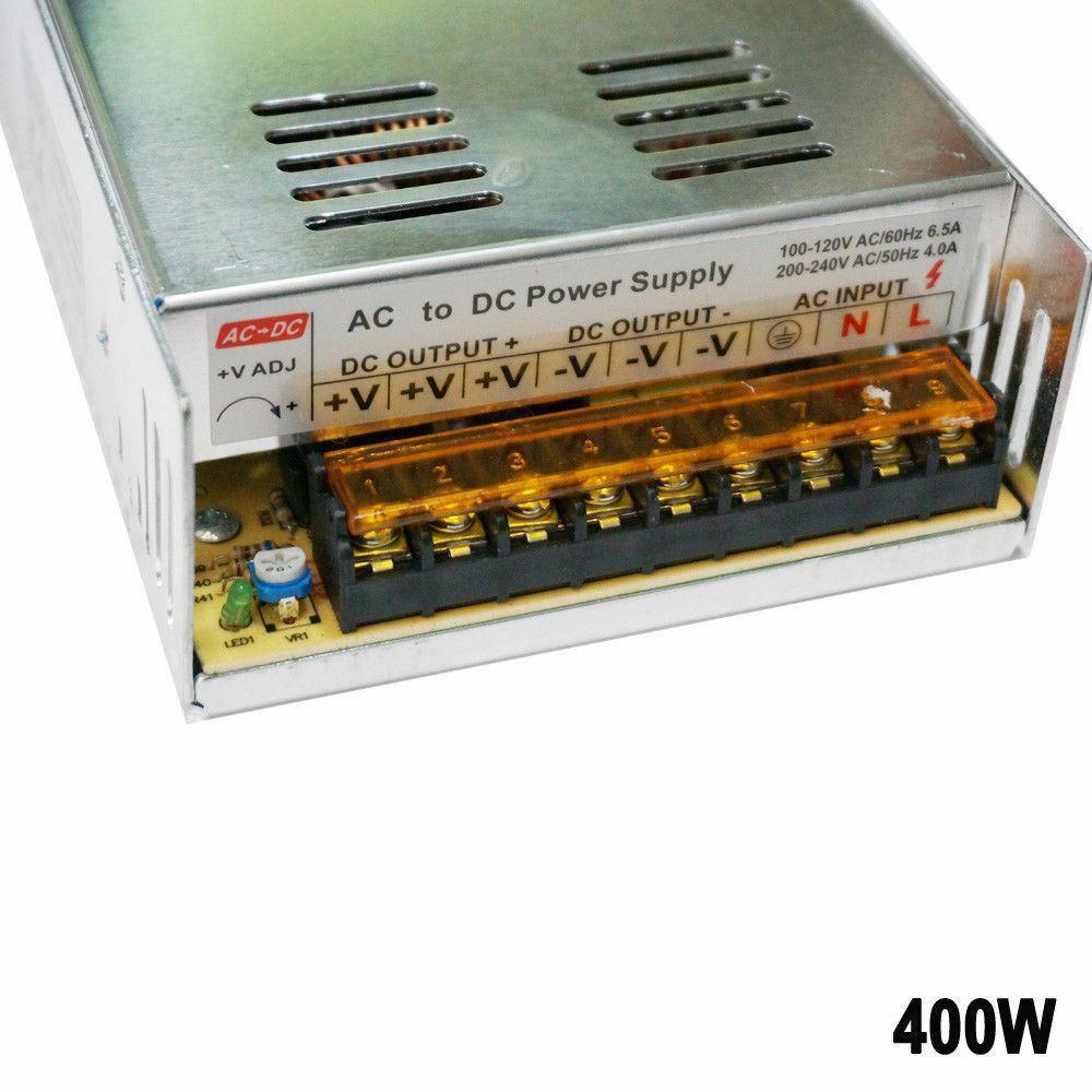 DC 12V 1 Amp - 60 Amp Switching Power Supply for LED strips and CCTV, featuring a durable metal casing and cooling fan.