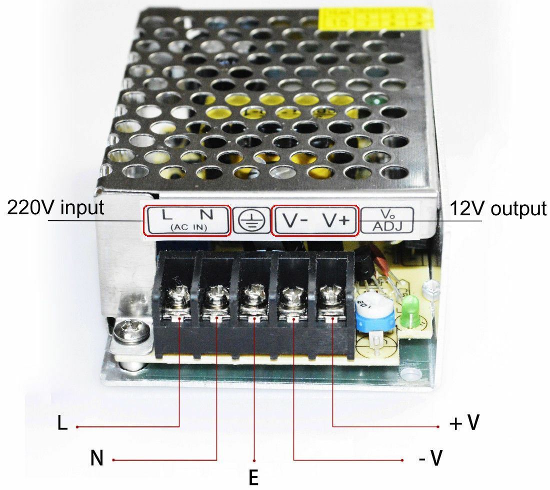 DC 12V 1 Amp - 60 Amp Switching Power Supply for LED strips and CCTV, featuring a durable metal casing and cooling fan.