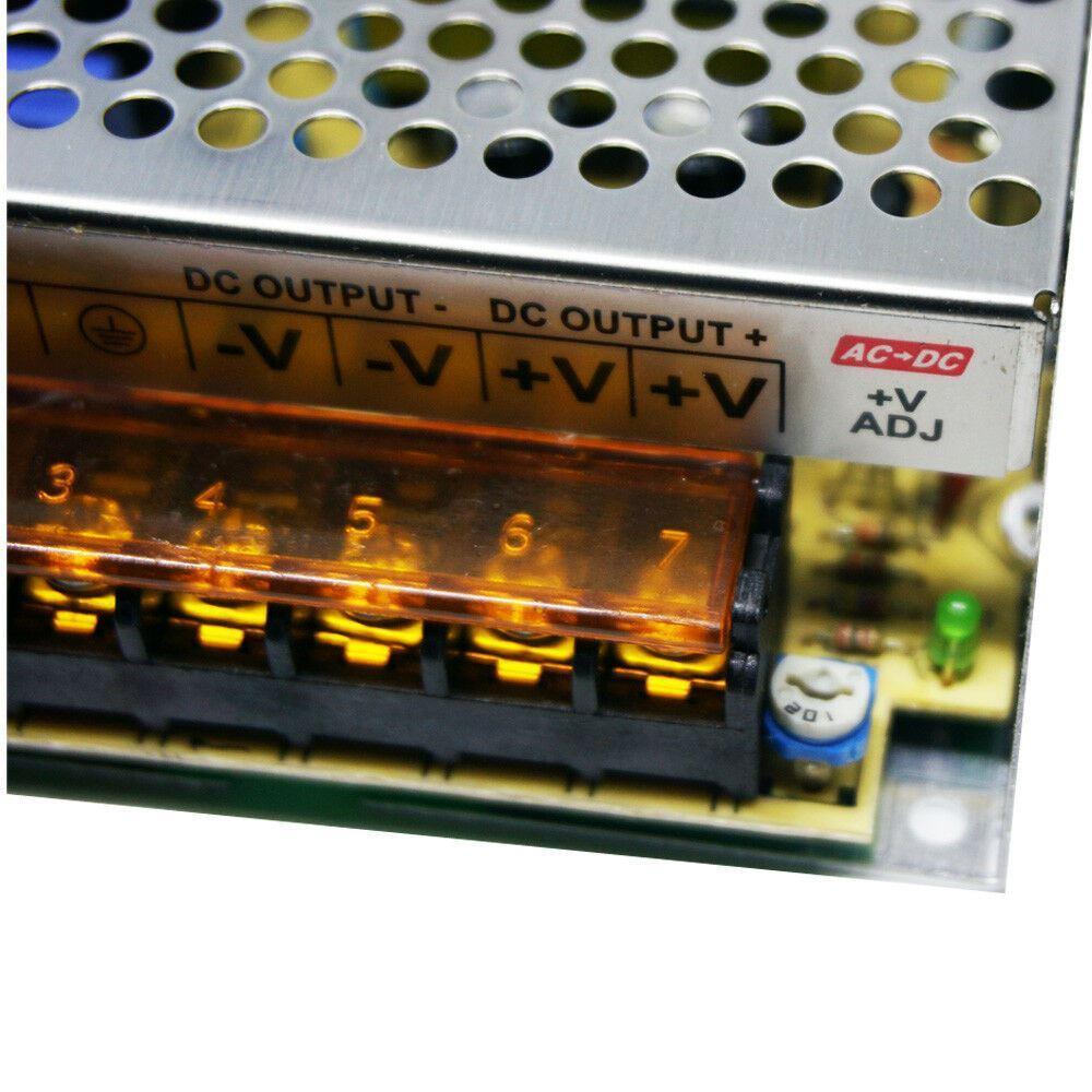 DC 12V 1 Amp - 60 Amp Switching Power Supply for LED strips and CCTV, featuring a durable metal casing and cooling fan.