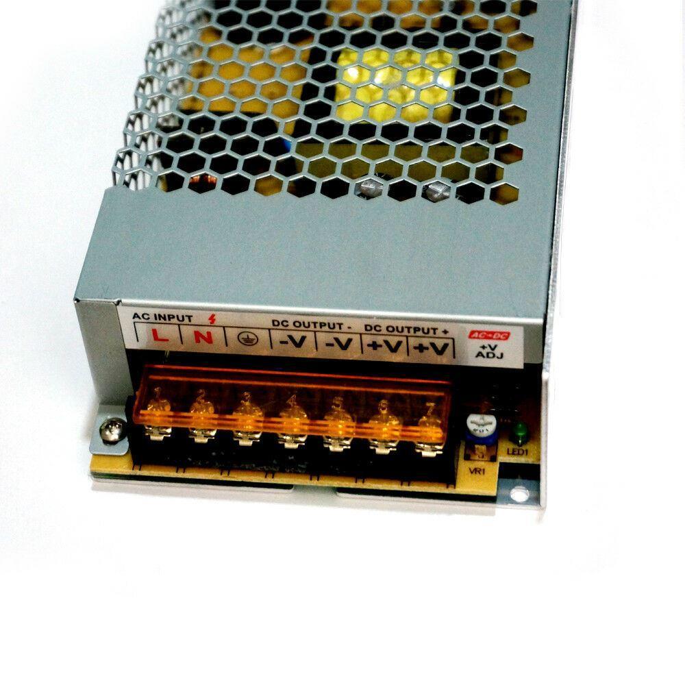 DC 12V 1 Amp - 60 Amp Switching Power Supply for LED strips and CCTV, featuring a durable metal casing and cooling fan.