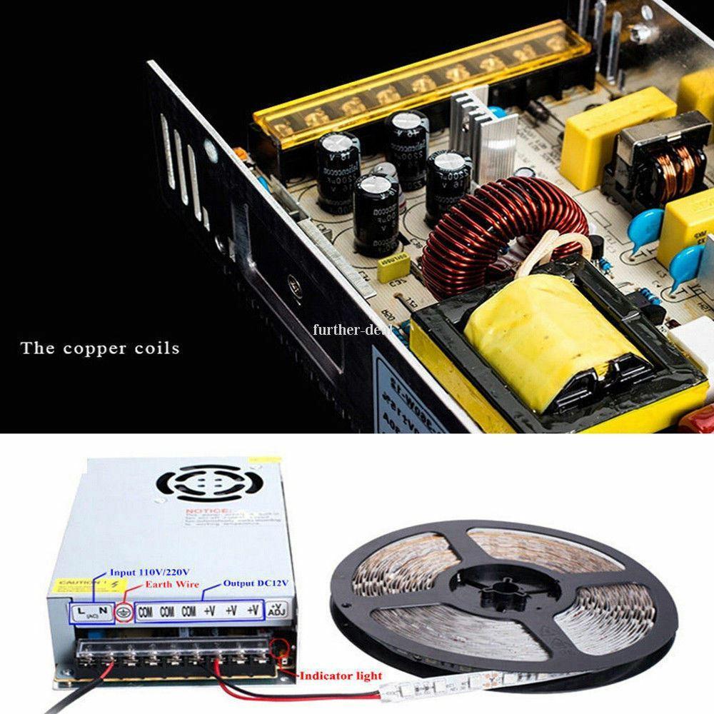 DC 12V 1 Amp - 60 Amp Switching Power Supply for LED strips and CCTV, featuring a durable metal casing and cooling fan.