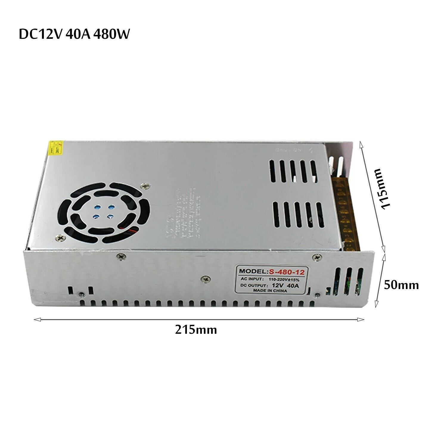 DC 12V 1 Amp - 60 Amp Switching Power Supply for LED strips and CCTV, featuring a durable metal casing and cooling fan.