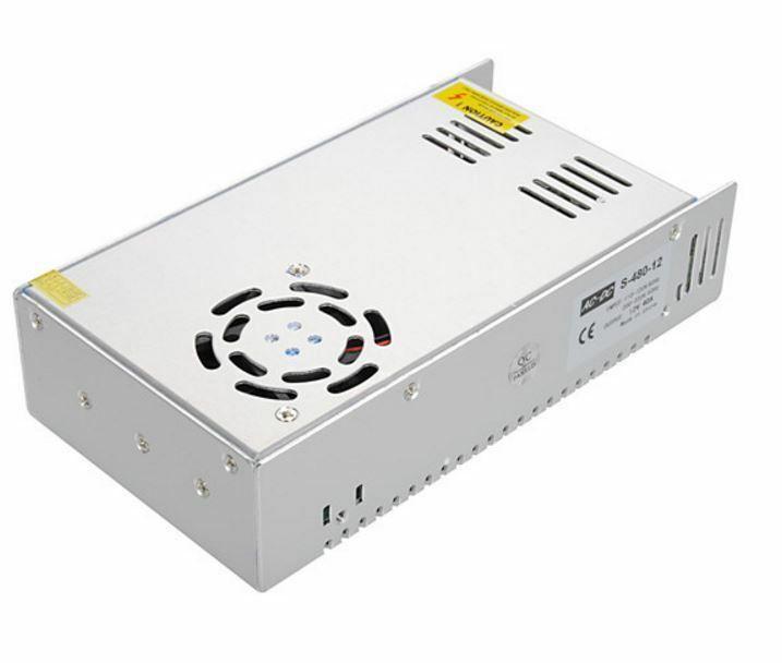 DC 12V 1 Amp - 60 Amp Switching Power Supply for LED strips and CCTV, featuring a durable metal casing and cooling fan.