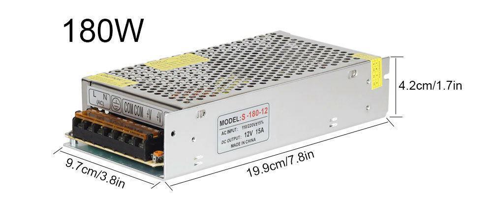 DC 12V 1 Amp - 60 Amp Switching Power Supply for LED strips and CCTV, featuring a durable metal casing and cooling fan.