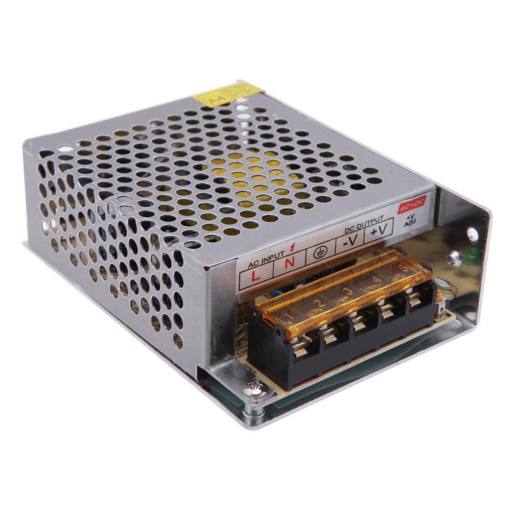 DC 12V 2.5 Amp Switching Power Supply for LED strips and CCTV, featuring a compact design and safety enclosure.