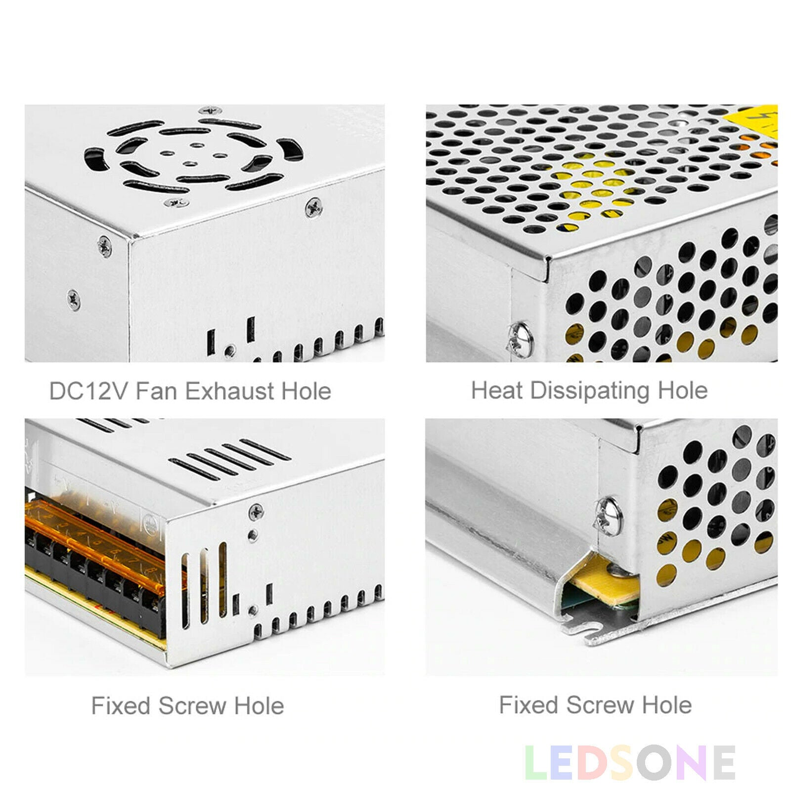 DC 24V 1.5 Amp Switching Power Supply for LED strips and CCTV, featuring a compact design and safety enclosure.