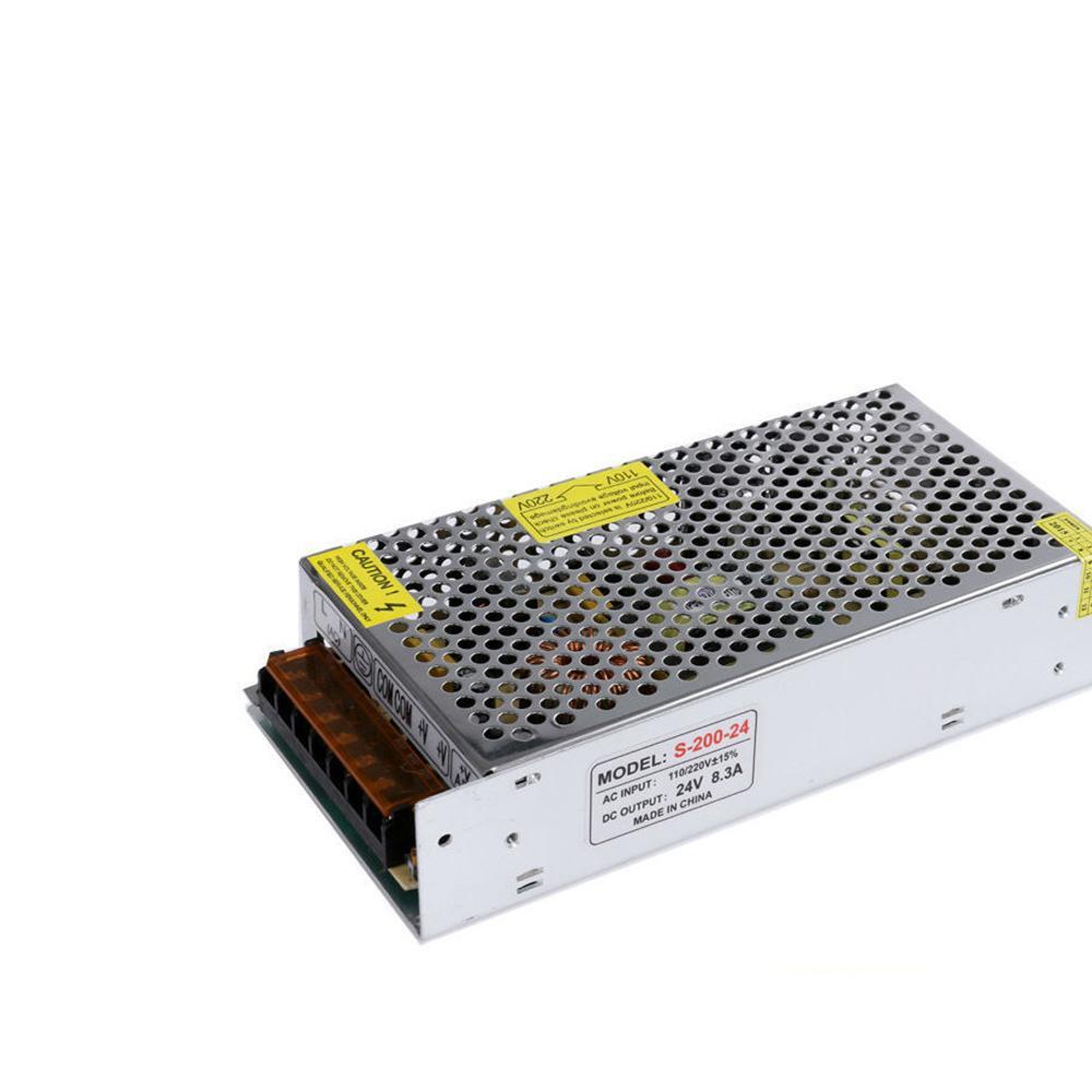 DC 24V 8.5 Amp Switching Power Supply for LED strips and CCTV, featuring a robust design and safety features.