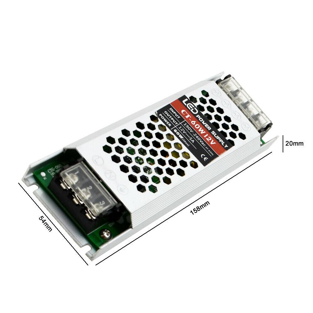 DC12V 60W Ultra Slim LED Driver Power Supply Transformer with specifications and compact design for LED lighting.