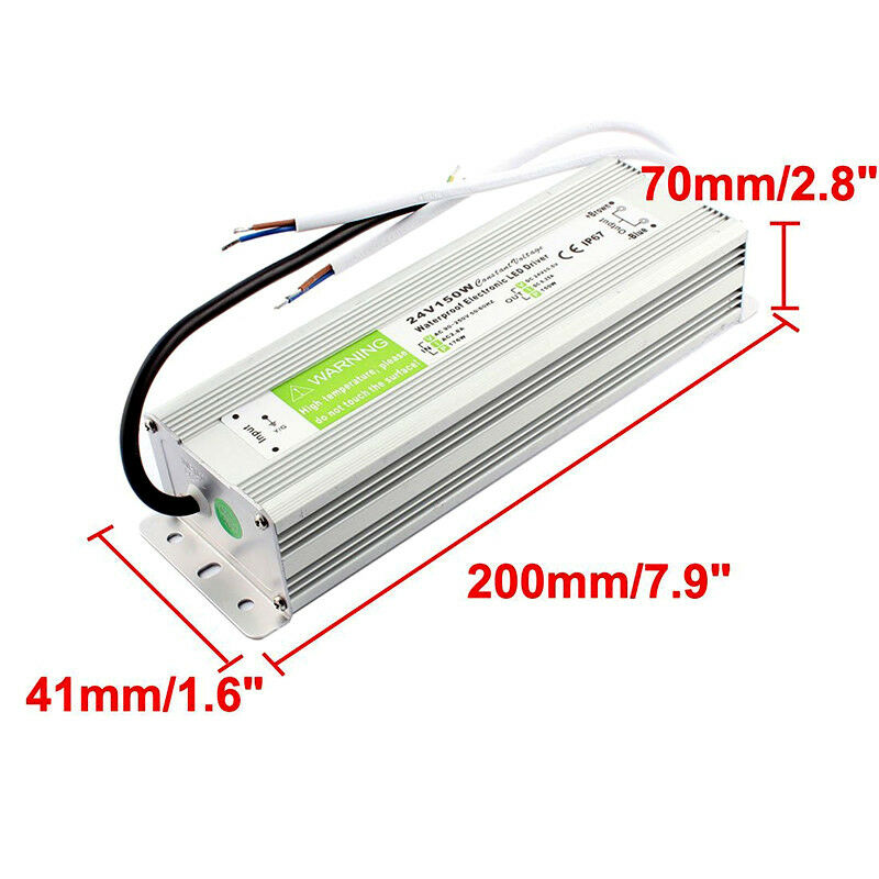 DC24V IP67 150W Waterproof LED Driver Power Supply Transformer with connectors and protective casing for outdoor use.