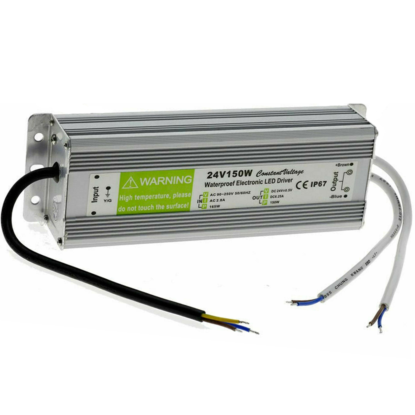 DC24V IP67 150W Waterproof LED Driver Power Supply Transformer with connectors and protective casing for outdoor use.