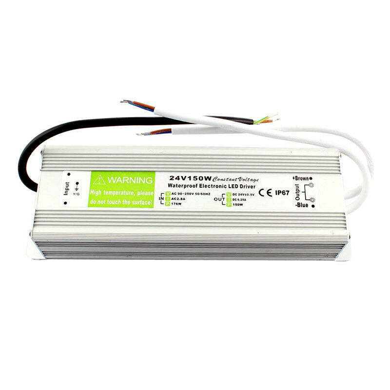 DC24V IP67 150W Waterproof LED Driver Power Supply Transformer with connectors and protective casing for outdoor use.