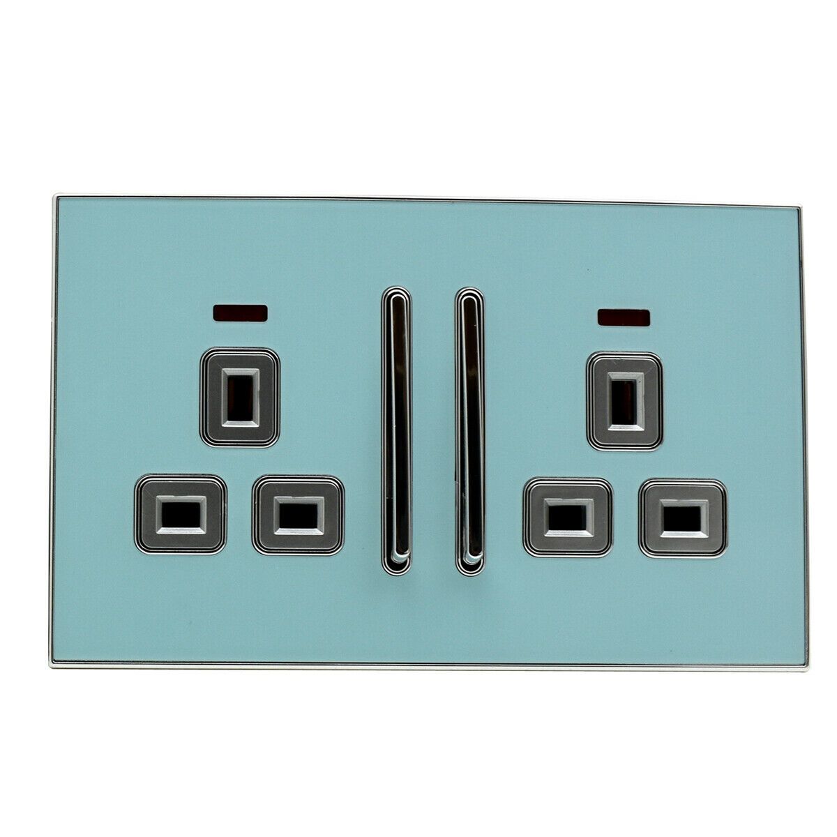 Decorative blue glossy plug socket with satin gold inserts, showcasing a modern and elegant design suitable for any interior.