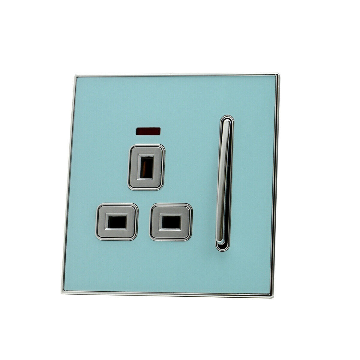 Decorative blue glossy plug socket with satin gold inserts, showcasing a modern and elegant design suitable for any interior.