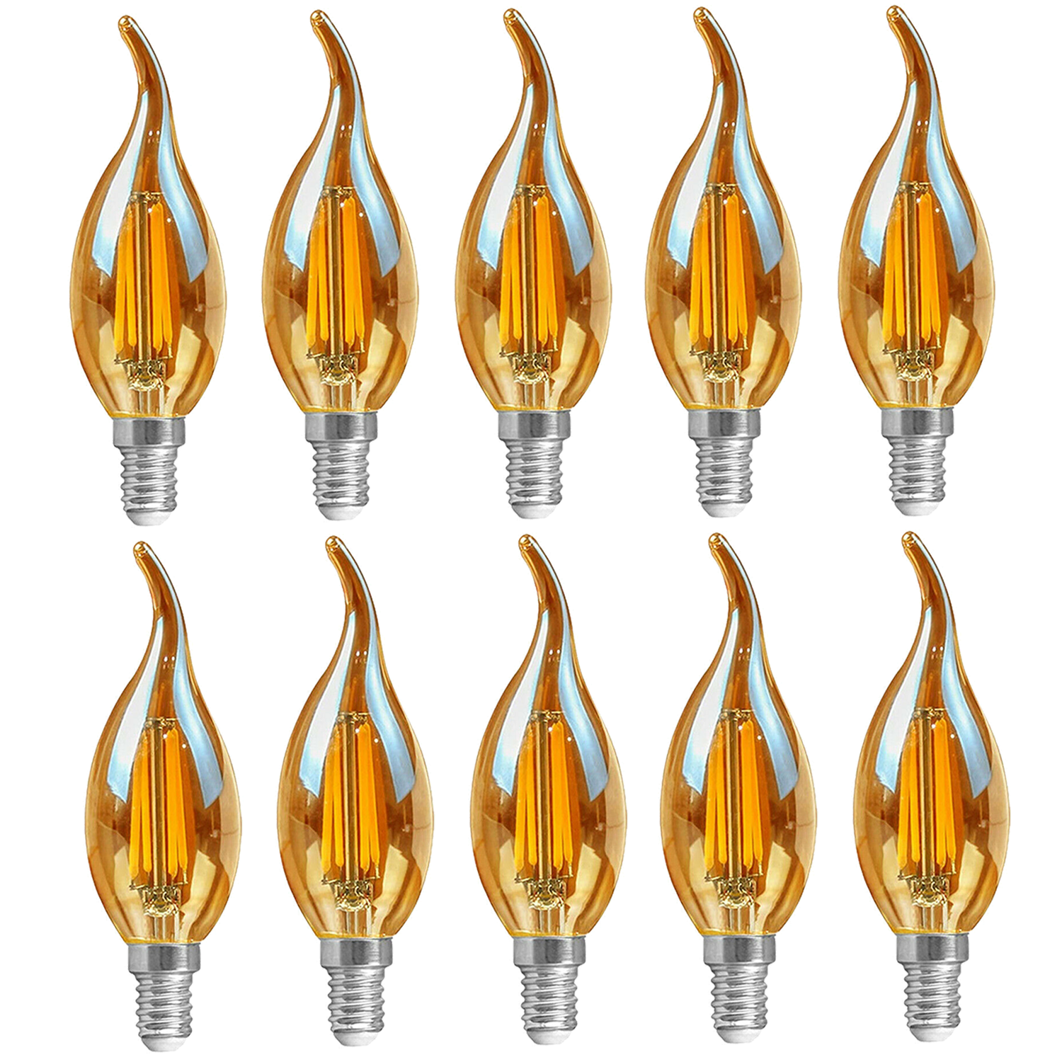 E12 4W C35 LED candelabra bulb emitting warm white light, showcasing its vintage filament design and glass construction.