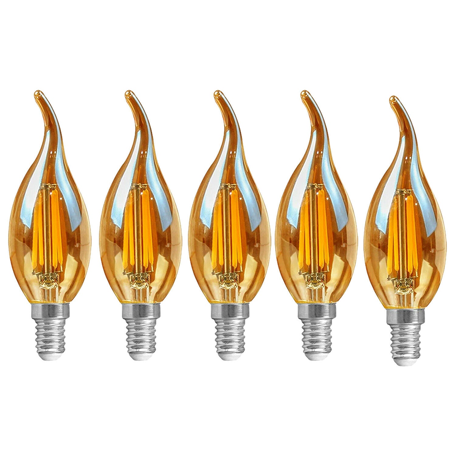 E12 4W C35 LED candelabra bulb emitting warm white light, showcasing its vintage filament design and glass construction.