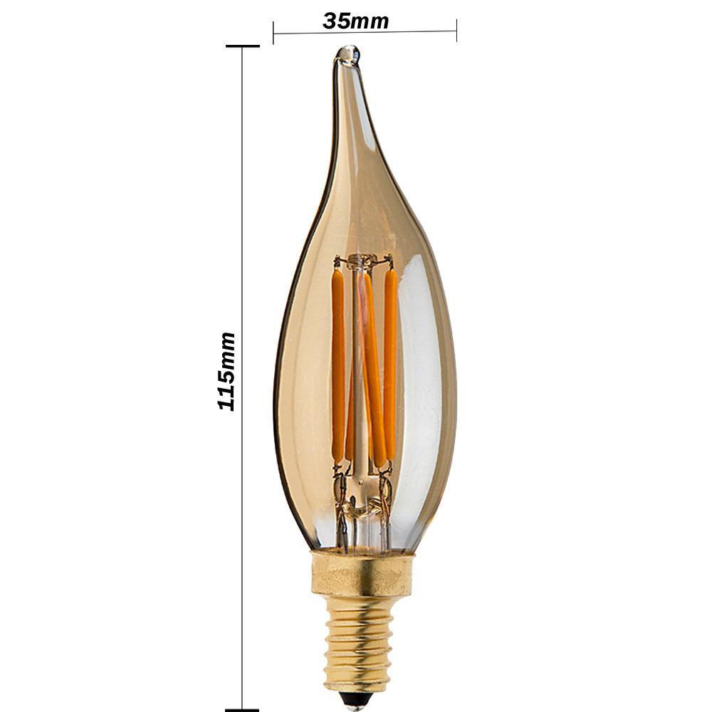 E12 4W C35 LED candelabra bulb emitting warm white light, showcasing its vintage filament design and glass construction.