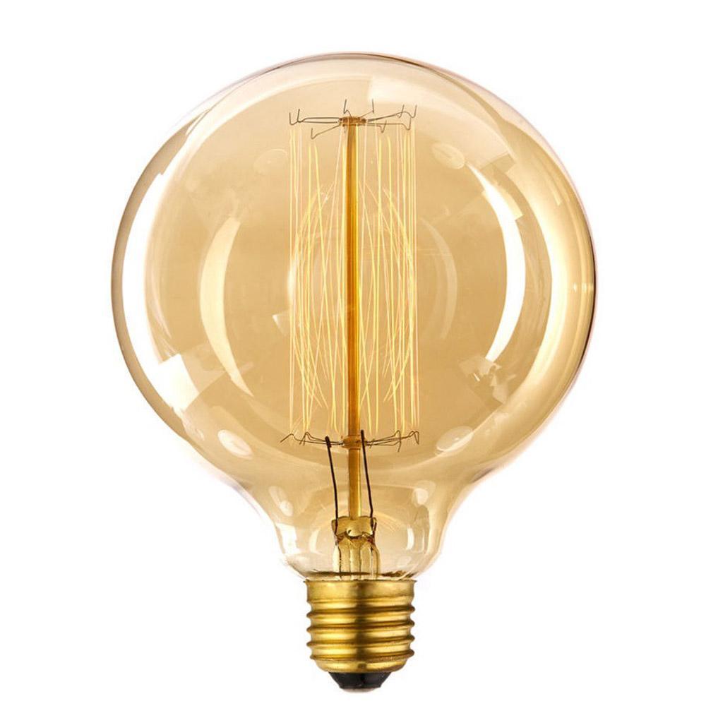 E26 G125 60W Vintage Retro Industrial Filament Bulb with warm yellow light, showcasing its glass design and copper lamp cap.