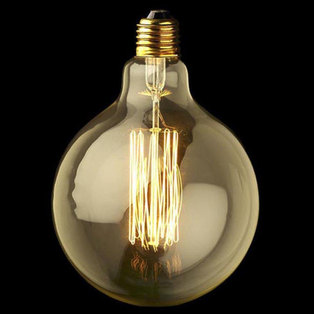 E26 G125 60W Vintage Retro Industrial Filament Bulb with warm yellow light, showcasing its glass design and copper lamp cap.