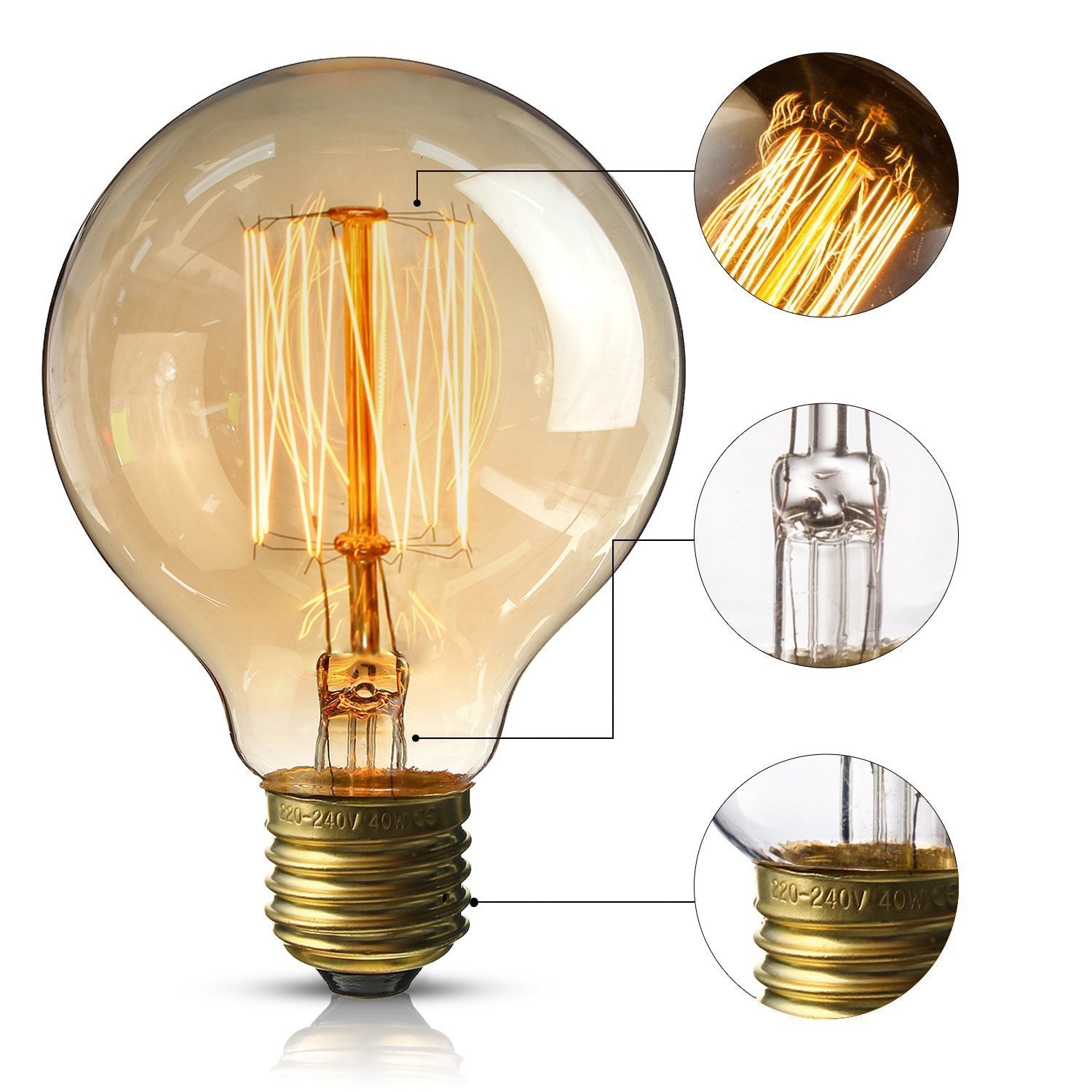 E26 G95 60W Vintage Retro Industrial Filament Dimmable Bulb showcasing warm yellow light and elegant design.