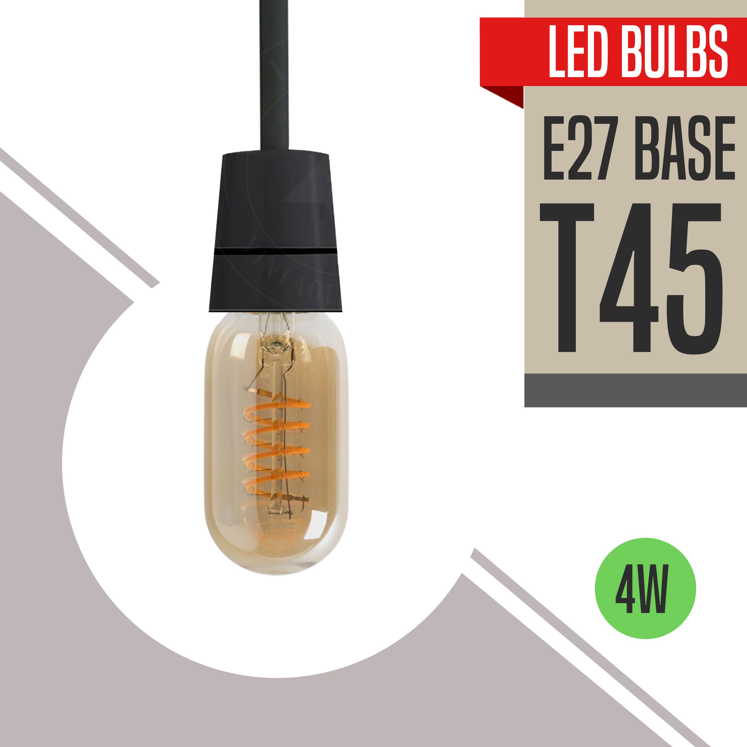 E26 T45 4W LED light bulb with warm white vintage Edison filament, showcasing its curly filament design and glass construction.