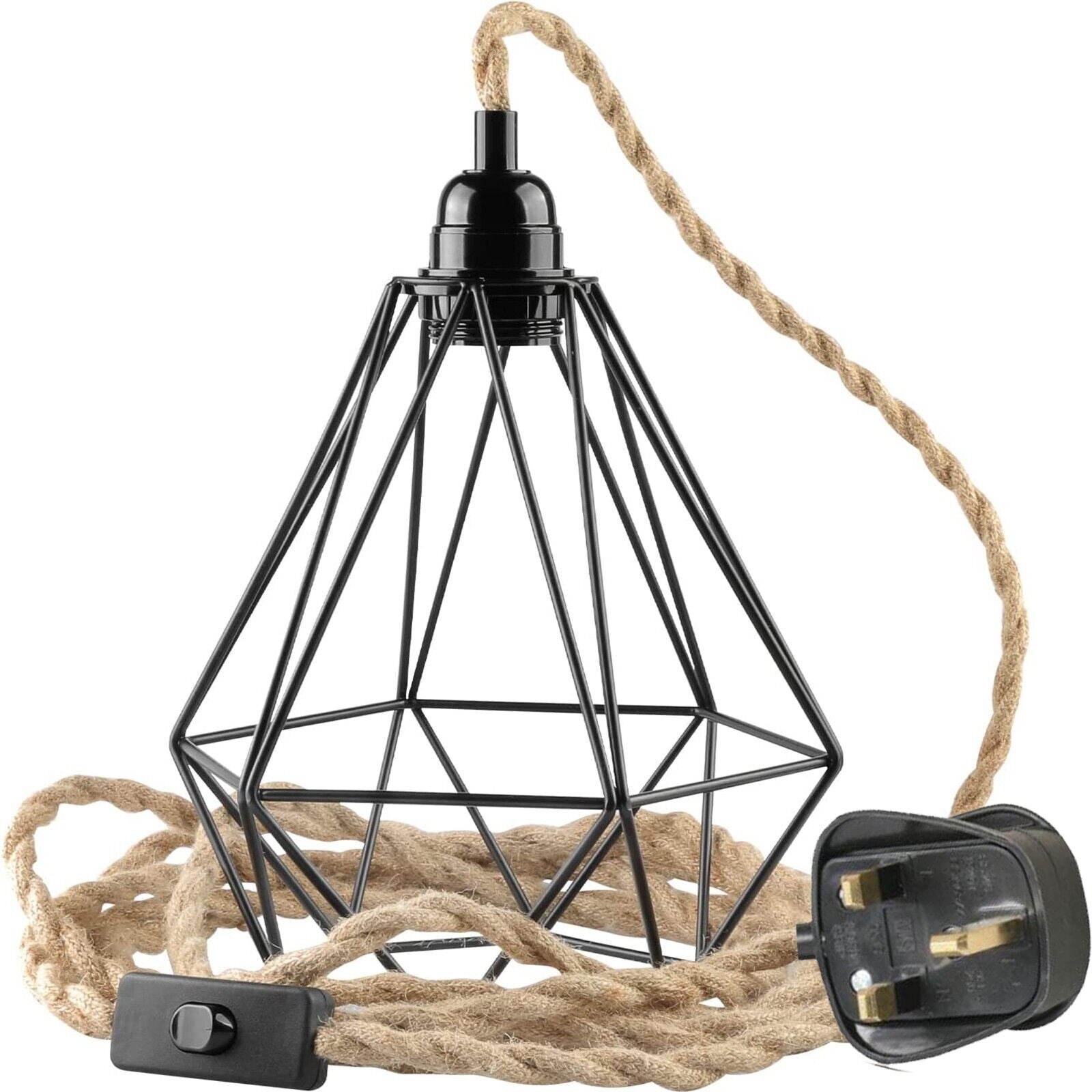 E27 Natural Hemp Rope Pendant Lamp with metal cage frame and adjustable cord, showcasing an industrial design suitable for various home settings.