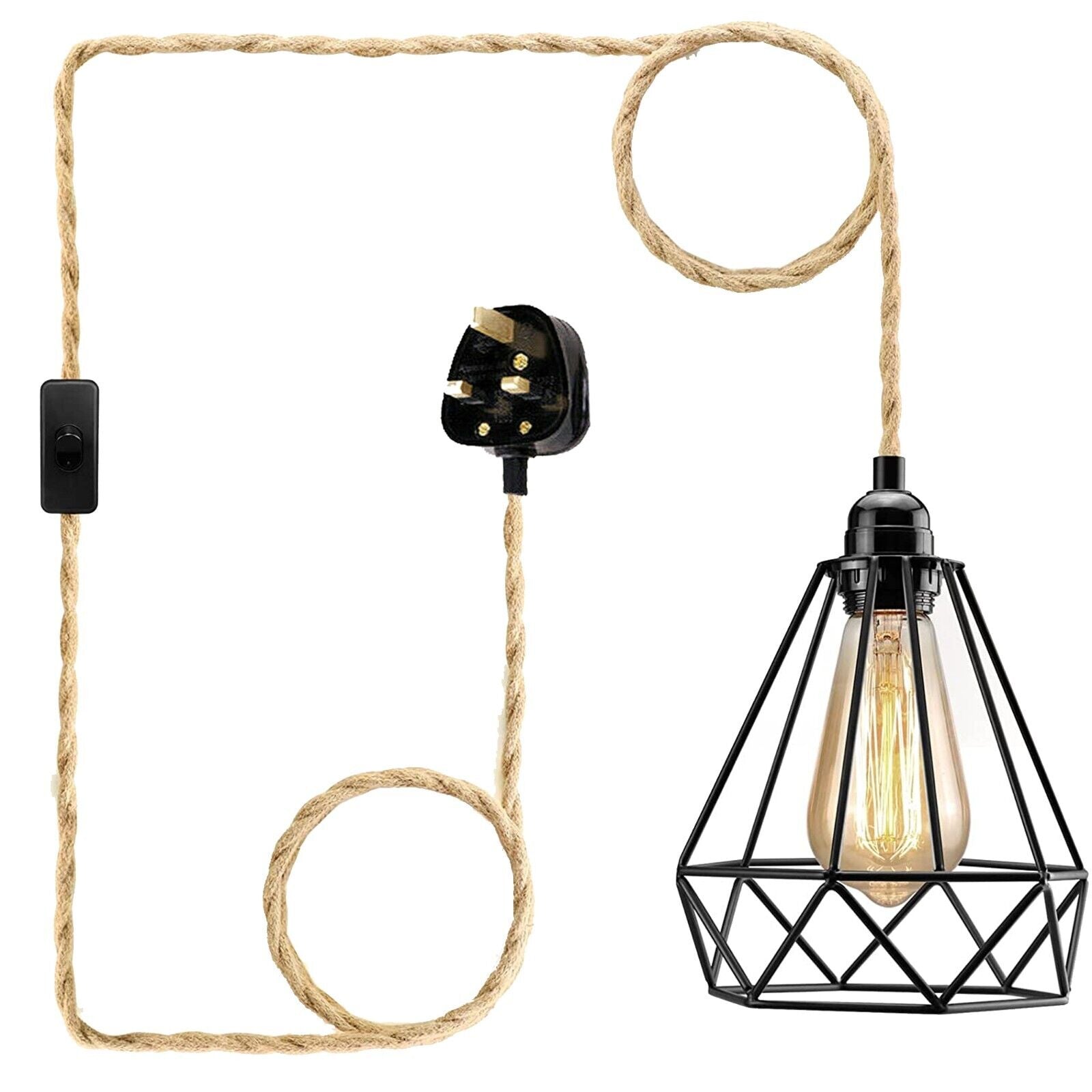 E27 Natural Hemp Rope Pendant Lamp with metal cage frame and adjustable cord, showcasing an industrial design suitable for various home settings.