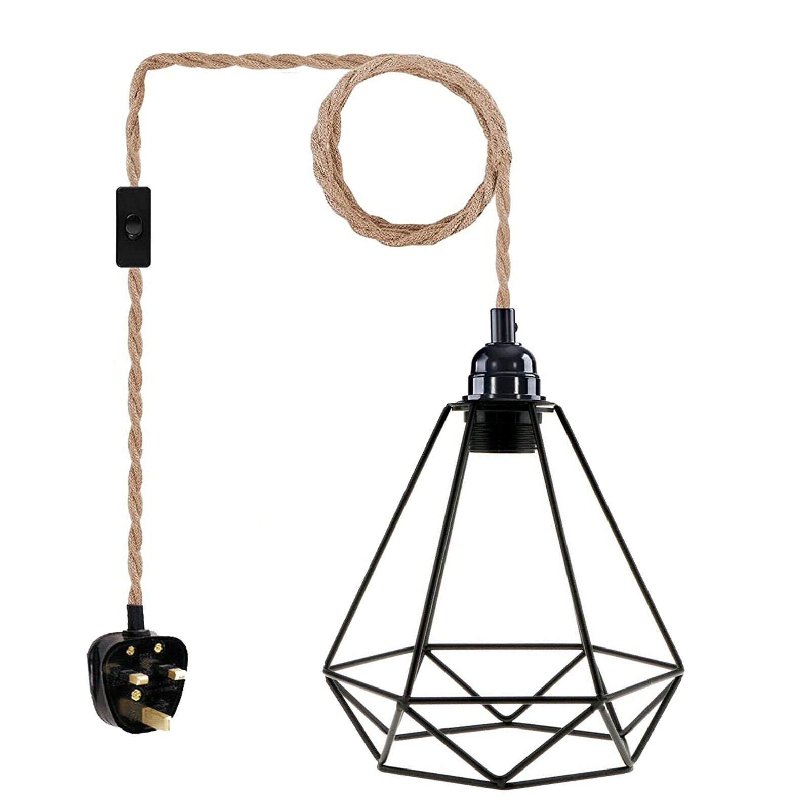 E27 Natural Hemp Rope Pendant Lamp with metal cage frame and adjustable cord, showcasing an industrial design suitable for various home settings.