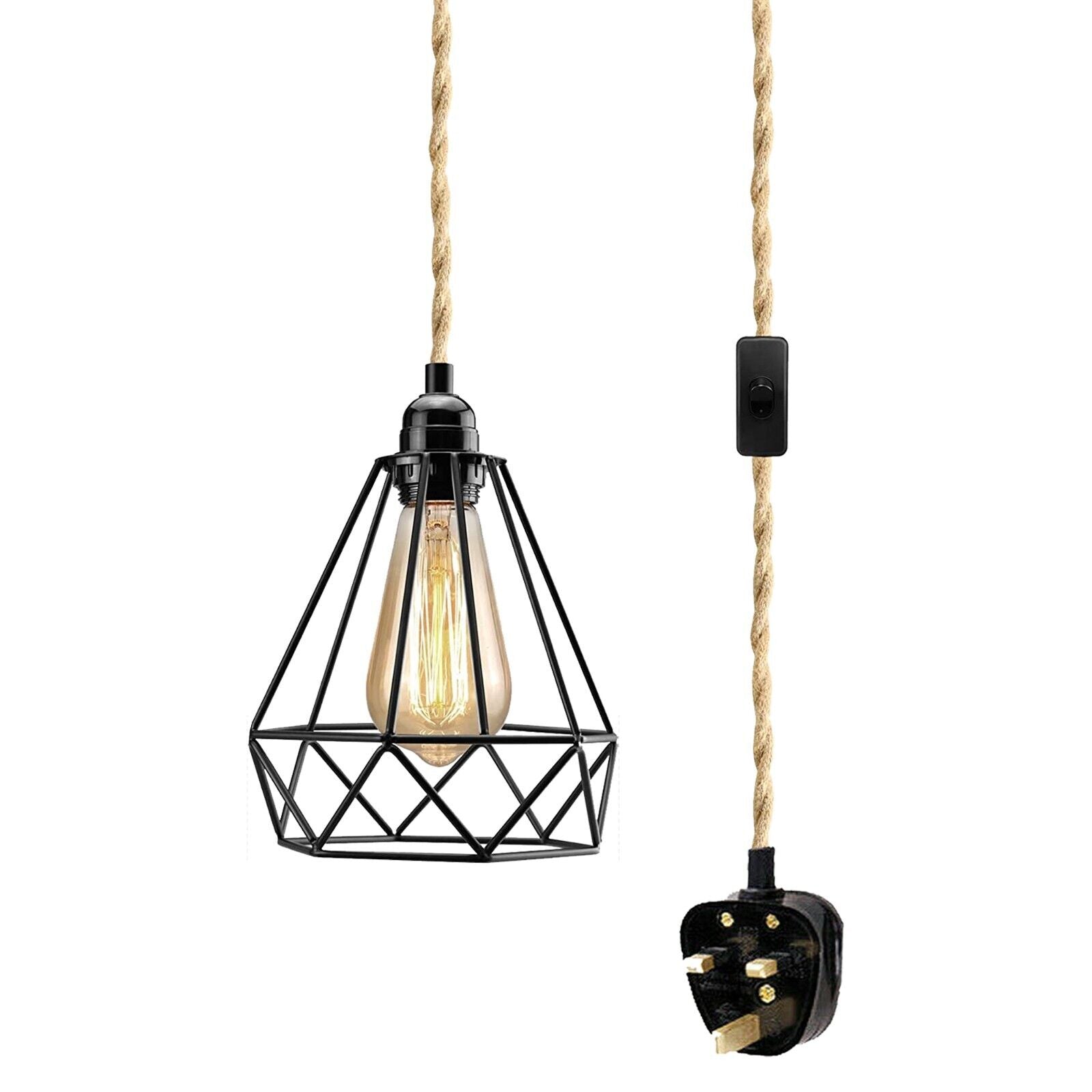 E27 Natural Hemp Rope Pendant Lamp with metal cage frame and adjustable cord, showcasing an industrial design suitable for various home settings.