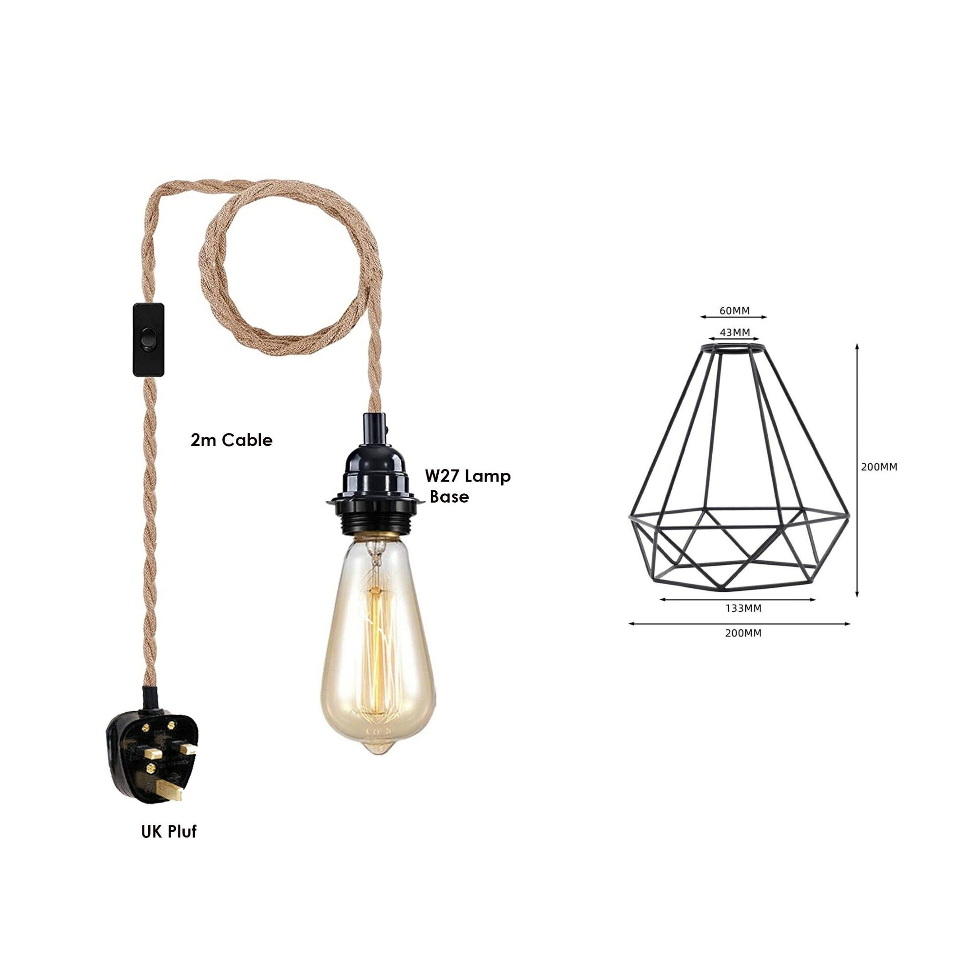 E27 Natural Hemp Rope Pendant Lamp with metal cage frame and adjustable cord, showcasing an industrial design suitable for various home settings.