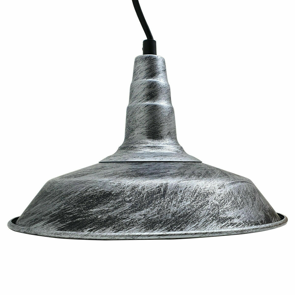 Easy Fit Modern Brushed Silver Pendant Shade hanging from a ceiling, showcasing its vintage design and brushed silver finish.