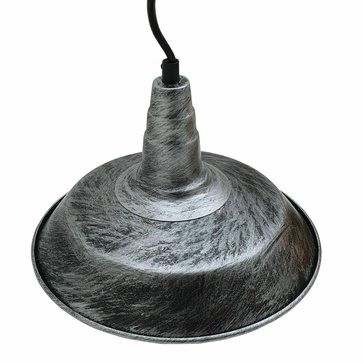 Easy Fit Modern Brushed Silver Pendant Shade hanging from a ceiling, showcasing its vintage design and brushed silver finish.